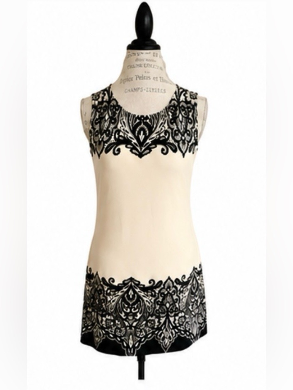 Joseph Ribkoff Sleeveless Black & Ivory Lace Print Stretch Tunic Dress Size 8.